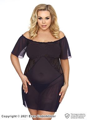 Nattkjole, gjennomsiktig netting, blonderinnlegg, off-shoulder, XL til 6XL